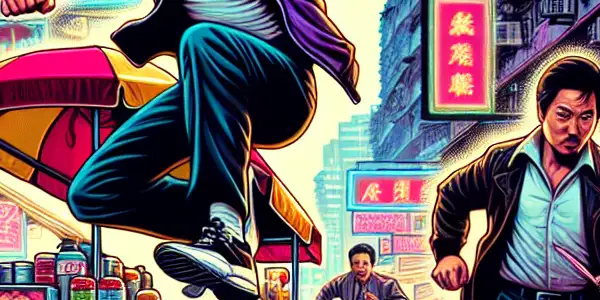 Jackie Chan serves food at a colorful fast food cart in a lively 1980s Hong Kong street, amidst comedic chaos.