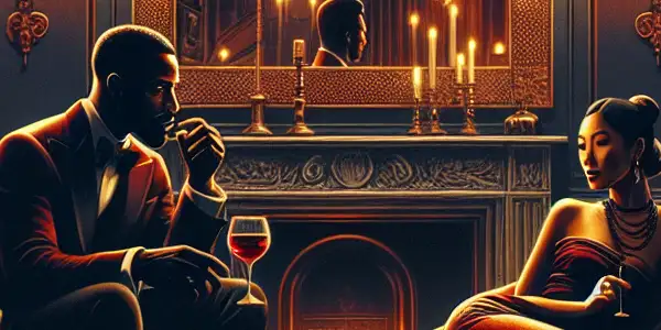 A sophisticated couple engages in intimate conversation in a dimly lit, vintage-style room.