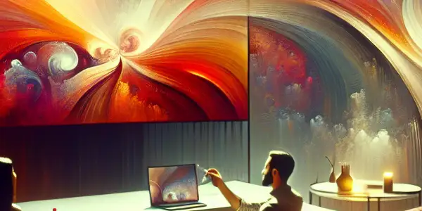 A cozy living room with a couple enjoying abstract visuals on a large screen, surrounded by warm, intimate decor.