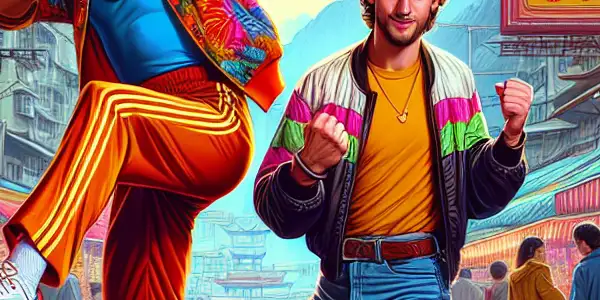 Two heroic brothers engage in martial arts poses amidst a vibrant Hong Kong street market filled with colorful stalls.