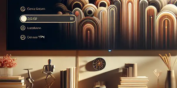 A cozy living room with a large TV, snacks, and warm lighting, suggesting a comfortable adult film viewing experience.