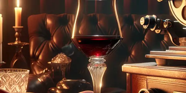 An elegant, dimly lit room featuring a vintage projector, velvet sofa, and symbols of passion like red wine and silk.