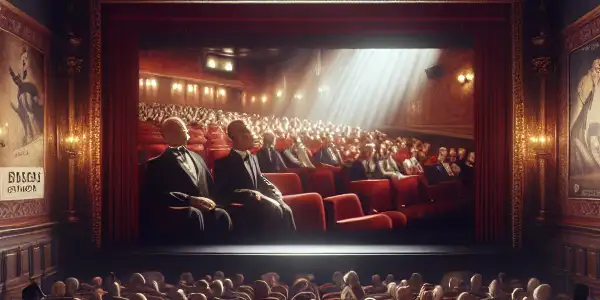 A sophisticated cinema scene with diverse viewers engaged in deep conversation, surrounded by vintage movie elements and rich, warm tones.