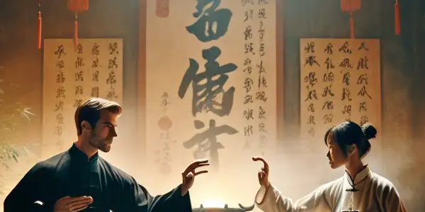 A dynamic duel between two Wing Chun martial artists in a traditional Chinese dojo, highlighting intense focus and fluid movements.
