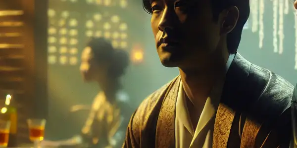 A dimly lit room with a man and woman expressing desire and emotional conflict through body language.