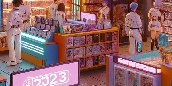 A modern adult entertainment store filled with colorful movie displays and diverse shoppers, showcasing an inviting atmosphere.