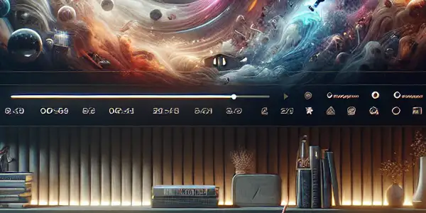 A cozy home theater setting featuring a large TV displaying diverse film genres, snacks, and warm lighting.