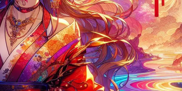 A captivating anime character in a vibrant, fantastical landscape with cherry blossoms and glowing lanterns.