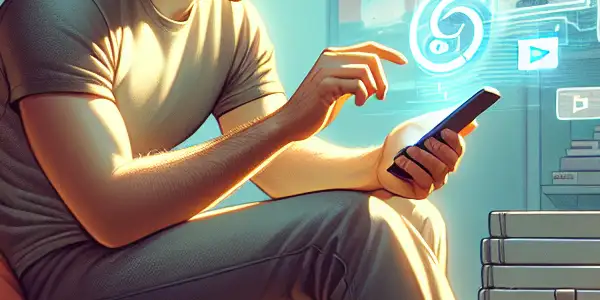 A person relaxing on a sofa, engrossed in a smartphone displaying adult content amidst a cozy, ambient room.