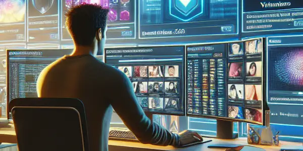 A tech-savvy individual at a workstation, downloading adult content discreetly with a focus on safety and modern decor.