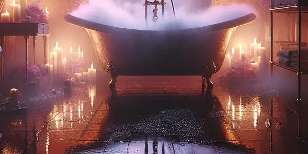 A luxurious, dimly lit bathroom with a bubble-filled bathtub, candlelight, and romantic silhouettes in a steamy atmosphere.