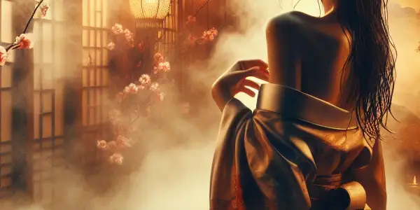 A serene Japanese bathroom with a warm onsen bath, steam, and a graceful figure in a silk robe.
